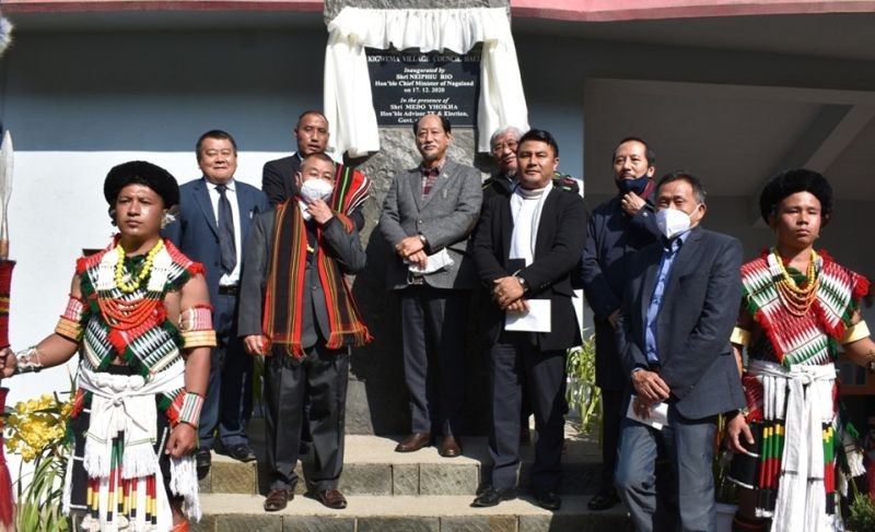 Chief Minister Neiphiu Rio and others after unveiling the monolith of KVC Hall. (DIPR Photo)